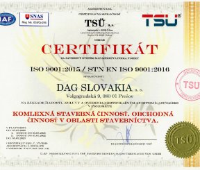 Certifikát ISO 9001:2015 "Komplexná stavebná činnosť, Obchodná činnosť v oblasti stavebníctva"