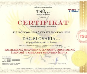 CERITIFIKÁT EN ISO 50001:2018 "KOMPLEXNÁ STAVEBNÁ ČINNOSŤ, OBCHODNÁ ČINNOSŤ V OBLASTI STAVEBNÍCTVA"