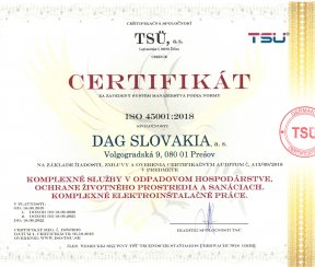 Certifikát ISO 45001:2018 "Komplexné služby v odpadovom hospodárstve, ochrane životného prostredia a sanáciách"