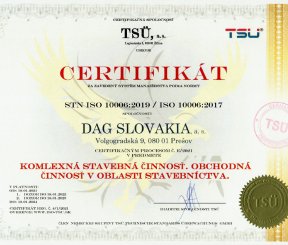 Ceritifikát ISO 10006:2019 "Komplexná stavebná činnosť, Obchodná činnosť v oblasti stavebníctva"