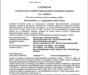 Licencia 22/225/LIE na zhotovenie vonkajších tepelnoizolačných kontaktných systémov