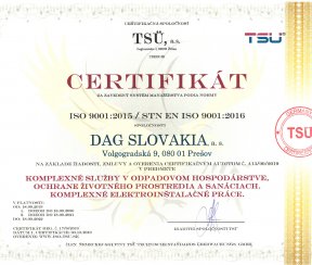 Certifikát ISO 9001:2015 "Komplexné služby v odpadovom hospodárstve, ochrane životného prostredia a sanáciách"