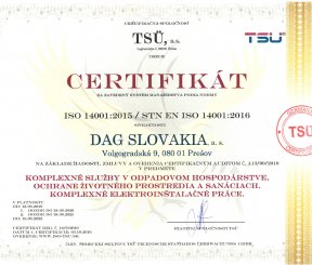 Certifikát ISO 14001:2015 "Komplexné služby v odpadovom hospodárstve, ochrane životného prostredia a sanáciách"